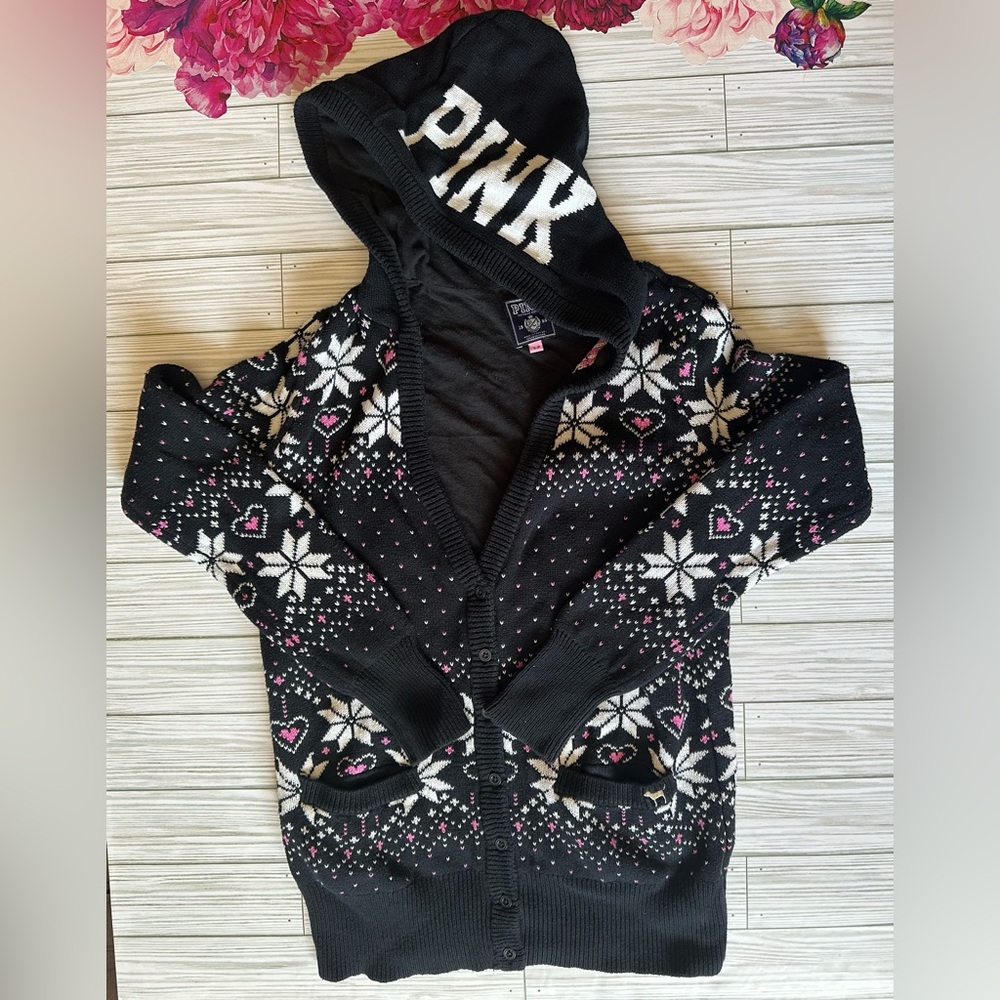 Y2K Victoria's Secret PINK Black Fair Isle Hooded Cardigan Size S
